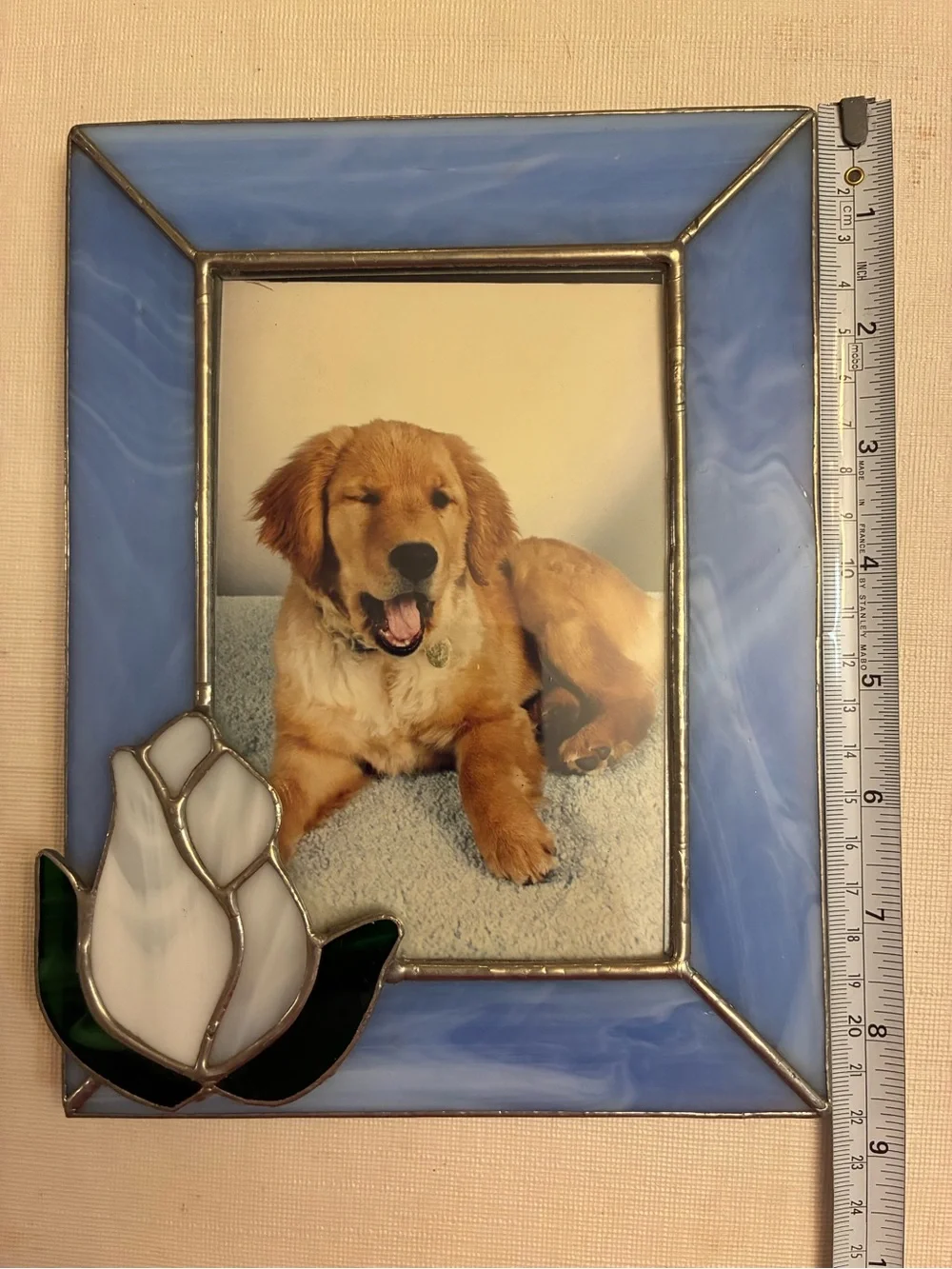 Blue Slag Glass Picture Frame with Flower Accent